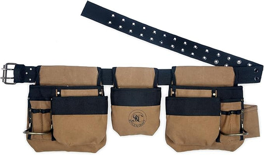 Style n Craft 4-Piece and 12-Pocket Carpenter’s Tool Combo, Tool Belt with 2 Tool Pouches, 1 Tape Measure Pocket, and 2 Metal Hammer Holders, Waterproof Canvas Tool Belt, Brown (97425)