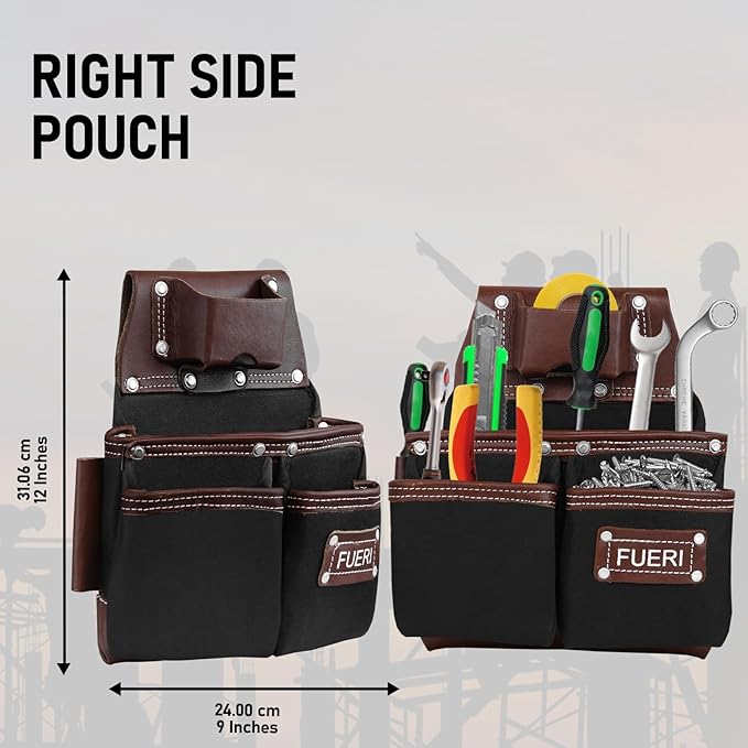 FUERI Tool Belt Men Heavy Duty Nylon Leather Tools Belts Carpenter Bags Electrician Pouches Organizer for Construction Framing (Black & Brown, 30 to 52 Inches Waist)