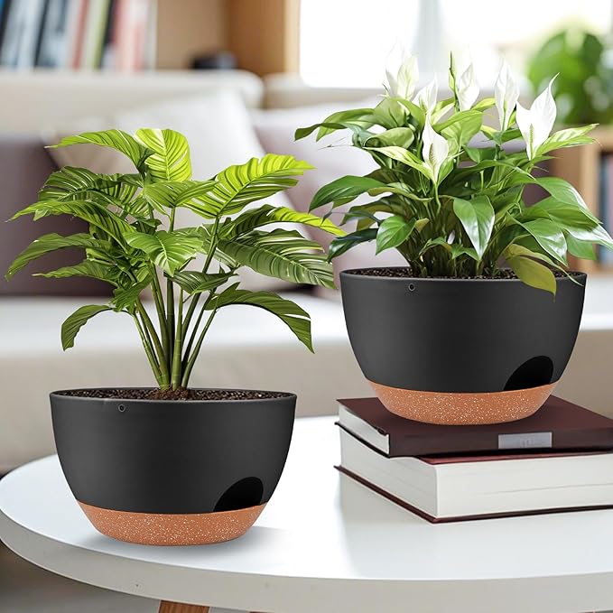 Plant Pots 12inch Self Watering Pots, Set of 2 Plastic Planters with Drainage Holes and Saucers, Flower Pots for Indoor Outdoor Plants (Black)