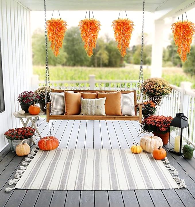 RECUTMS Artificial Hanging Plants Fake Faux UV Resistant Lavender Flowers Indoor Outside Decorations,4 Packs (Sunset)