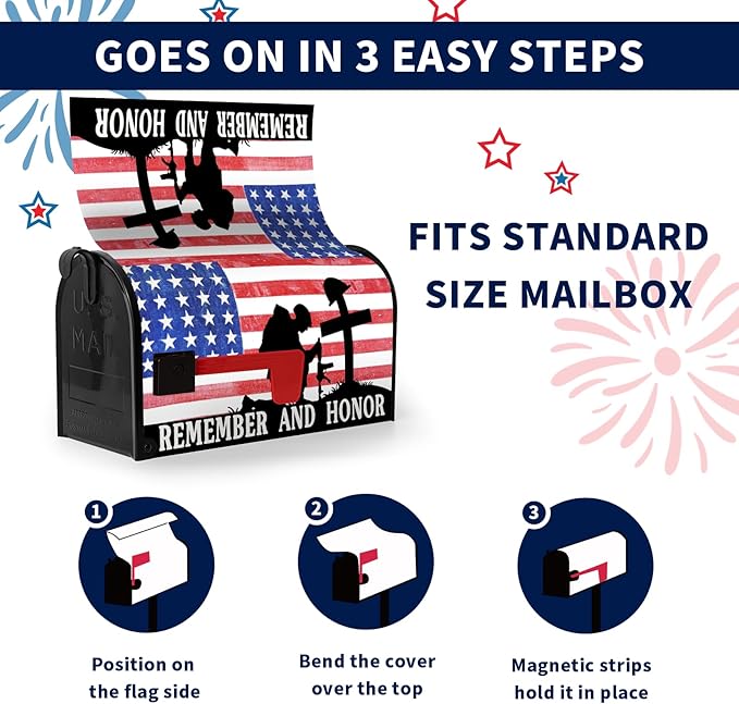 Memorial Day Mailbox Cover Patriotic American Stripes Stars Freedom Flag Magnetic Mailbox Wraps Remember and Honor Post Letter Box Cover Standard Size Outdoor Garden Yard Decoration