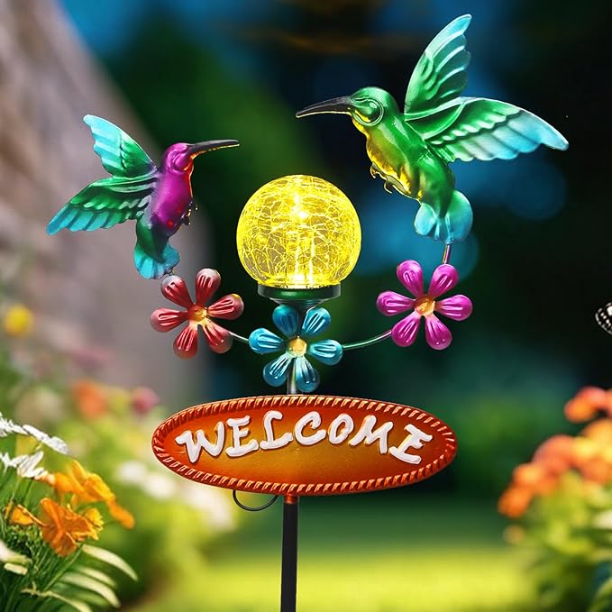 Solar Garden Stakes Metal Welcome Signs for Outside 29.7', 2 Flying Hummingbirds with Cracked Glass Ball,Decorative Garden Stakes for Lawn, Patio, Hummingbird Gifts for Women