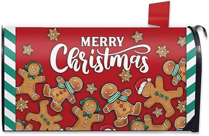 Merry Christmas Gingerbread Man Mailbox Cover Magnetic Standard Size 21" x 19", Red Xmas Decorative Post Letter Box Wrap Decor, Funny Winter Holiday Garden Yard Outdoor Decoration