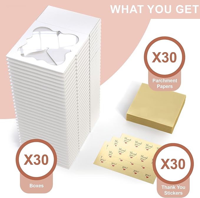 30 Pack 6x6x3 Bakery Boxes with Window – Small Cookie Boxes for Gift Giving – Treat Boxes for Small Cake, Pastry, Strawberries, Dessert, Candy, Charcuterie, Baked Goods and Food (White)