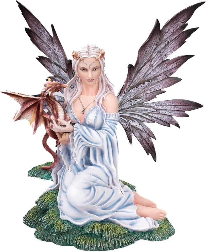 Resin Dragon & Fairy Figurine, Mythical Fantasy Decor with Dark Wings & White Dress - Enchanted Collectible Home Accent for Shelves, Mantels & Fairy Gardens