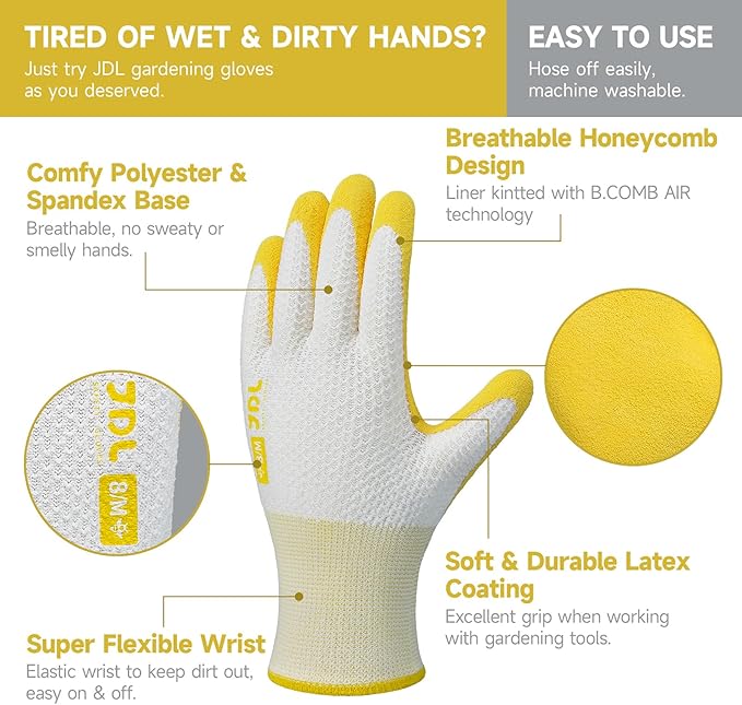 JDL Gardening Gloves for Women, 2 Pairs Breathable Latex Coated Yard Garden Gloves, Rubber Outdoor Protective Work Gloves with Grip, Yellow, Large Size