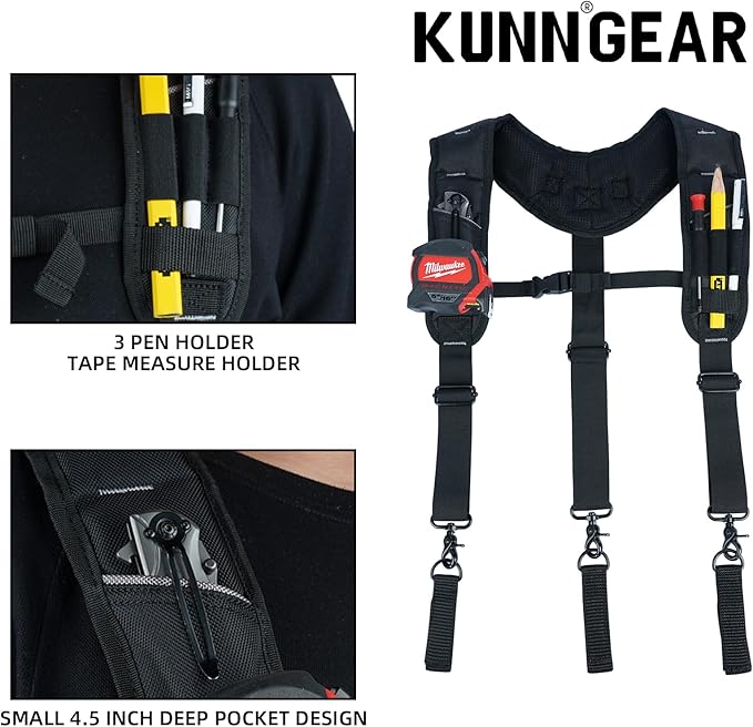 KUNN Tool Belt Suspenders,Heavy Duty 3-Points Padded Construction Work Pouch Suspender for Men with Tool Belt Loops