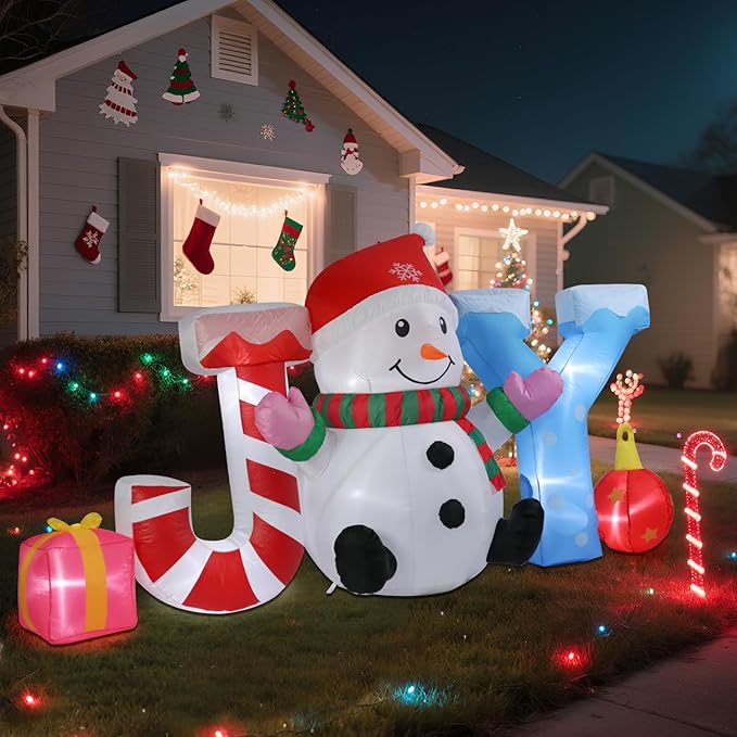 Christmas Inflatable Outdoor Decorations, Inflatable Snowman and Joy Built-in LED Lights Blow Up Yard Decorations for Holiday Indoor Outdoor Party Garden Lawn