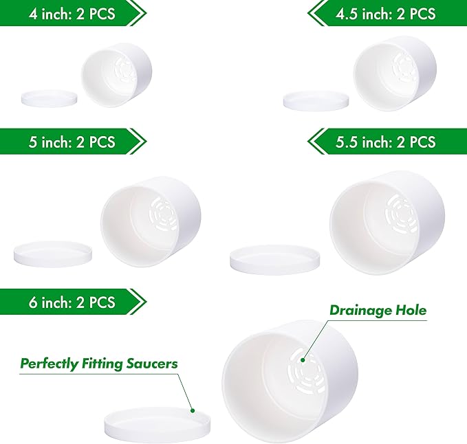 D'vine Dev Pack of 10 Plastic Plant Pots (2 Set of 6 Inch, 5.5 Inch, 5 Inch, 4.5 Inch, 4 Inch) Small Planter Pots for Plant with Drainage Holes and Saucers, White, 74-R-A