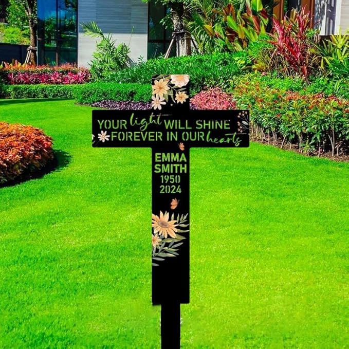 Custom Flower Cross Memorial Stake – Floral Cross Metal Grave Marker, Garden Yard Stake Outdoor Decor (Flower Cross Memorial)