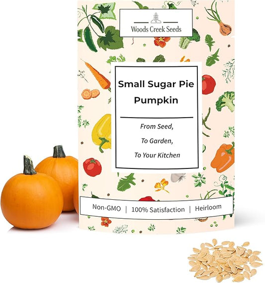 Woods Creek Seeds: Small Sugar Pie Pumpkin Seeds for Planting - Over 40 Heirloom Non-GMO Pumpkin Seeds to Plant - Ideal Heirloom Seeds to Grow for Pies & Fall Harvest - Pumpkins for Outdoor Gardens
