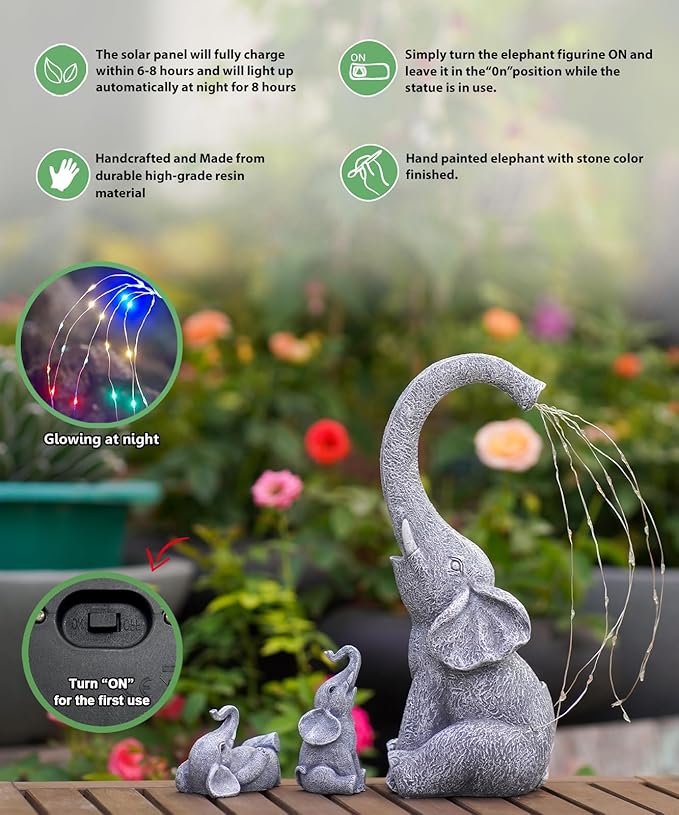 Qeeman Elephant Statues for Garden Decor: Outdoor Sculptures for Lawn Ornaments - Porch Patio Balcony Front Yard Christmas Birthday Gifts for Mom Grandma Women