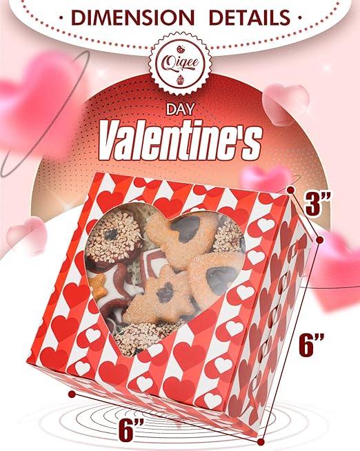 qiqee Valentine Bakery Box with Original Unique Design 60packs 6x6x3 Cookie Boxes Pastry Box for Valentine's Day