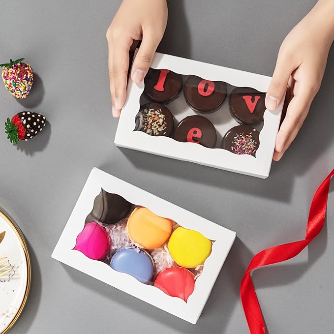 50pcs 7x4.33x1.5 Inch White Bakery Boxes with Window Cookies Chocolate Truffle Macaron Cakesickle Boxes Browines Treat Boxes for Christmas Valentine's Easter Mother's Day