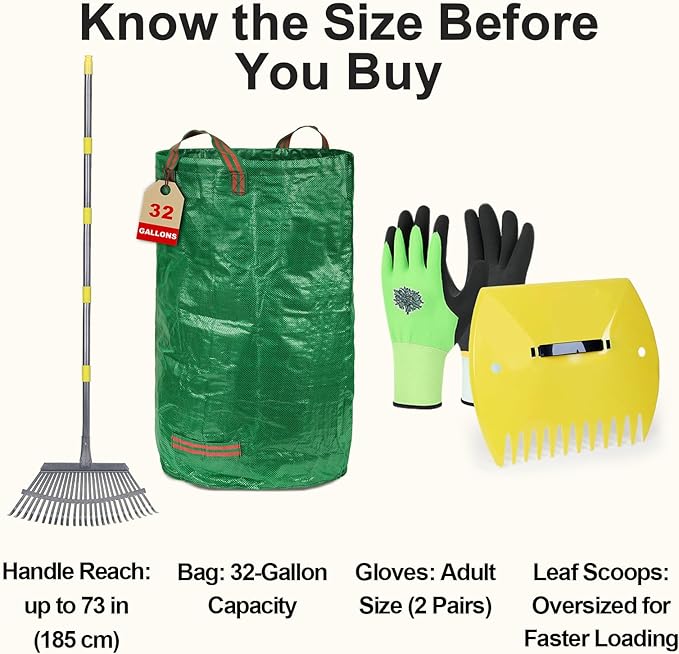 Leaf Cleanup Kit - Adjustable Metal Rake (36-73 in), 32-Gallon Self-Standing Yard/Garden Waste Bag with Support Hoop, Oversized Leaf Scoops (Leaf Claws) & 2 Pairs of Latex-Coated Gardening Gloves
