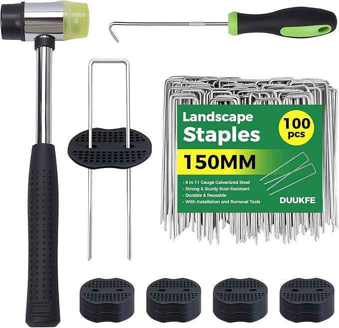 100Pcs Landscape Fabric Stakes 6 Inch + 100Pcs Gaske+Pick Hook+Rubber Mallet, Weed Barrier Stakes 11 Gauge U Shaped Galvanized Landscape Pins Yard Ground Pin for Weed Barrier Sod Fabric Decoration