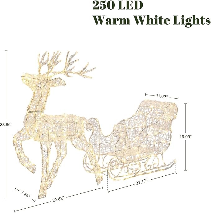 LuxenHome Lighted Reindeer Christmas Outdoor Yard Decorations, Prelit Reindeer and Sleigh Indoor & Outdoor Christmas Decor with 250 LED Lights, Xmas Decorations for Front Porch, Lawn, Garden Display