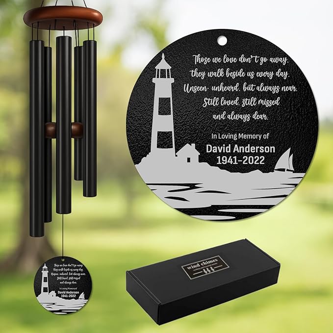 Personalized Lighthouse Memorial Wind Chime – “Those We Love Don’t Go Away” Golden Engraved Quote – Custom Name & Years Sympathy Gift – Memorial Windchimes for Loss of Loved One – Ocean Tribute Décor