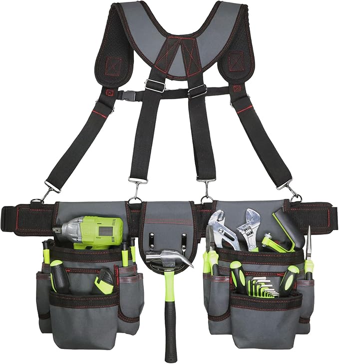 Tool Belt for Men, 32 to 66 Inches Adjustable Waist, Tool Belt with Suspenders for Electricians, Carpenters, Construction Workers and Gardeners, Grey and Red