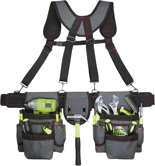 Tool Belt for Men, 32 to 66 Inches Adjustable Waist, Tool Belt with Suspenders for Electricians, Carpenters, Construction Workers and Gardeners, Grey and Red