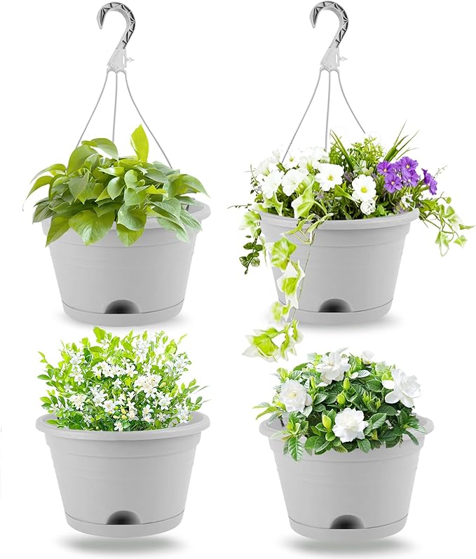 10 Inch Hanging Planters for Indoor Outdoor Plants, 4 Pack Hanging Plant Pots with Removable Chain & Drainage Trays, Lightweight Plastic Flower Pots for Home Garden Decor (Grey)