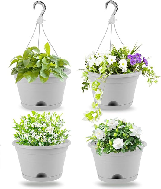 10 Inch Hanging Planters for Indoor Outdoor Plants, 4 Pack Hanging Plant Pots with Removable Chain & Drainage Trays, Lightweight Plastic Flower Pots for Home Garden Decor (Grey)