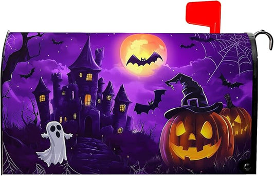 Pumpkin Mailbox Covers Magnetic Halloween Bat Post Letter Box Cover Scary Night Mailbox Wrap Standard Size 21x18 inch Castle Lanterns Forest for Outside Garden Decor Fall Autumn