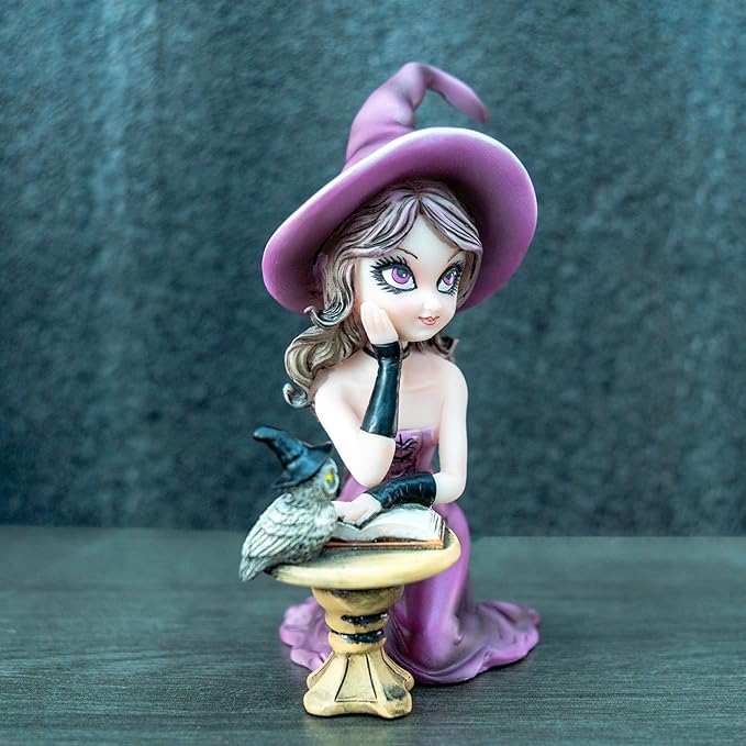 Mystical Purple Witch Resin Statue with Owl & Book Halloween Décor, Witchcraft Collectible, Unique Home & Office Decoration