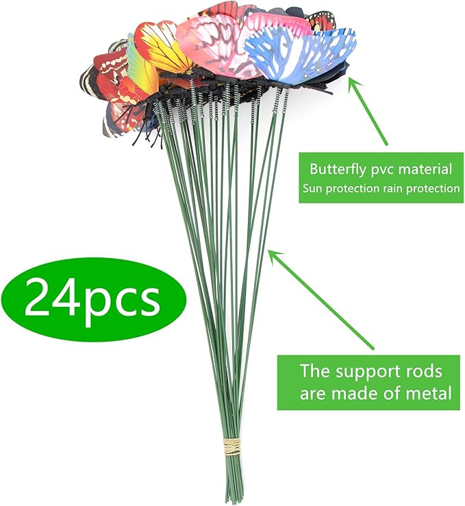 24pcs Butterfly Garden Posts - Colorful Metal Butterfly Decorations for Outdoor Gardens, courtyards, Flower beds, Indoor planters, Party Decorations - Waterproof Material