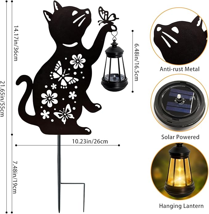 ANGMLN Cat Outdoor Solar Lantern Waterproof, Birthday Gifts for Christmas Women Mom, Solar Hanging Lights with Butterfly, Black Cat Metal Figurine Garden Decor Patio Yard Pathway Backyard Ornaments