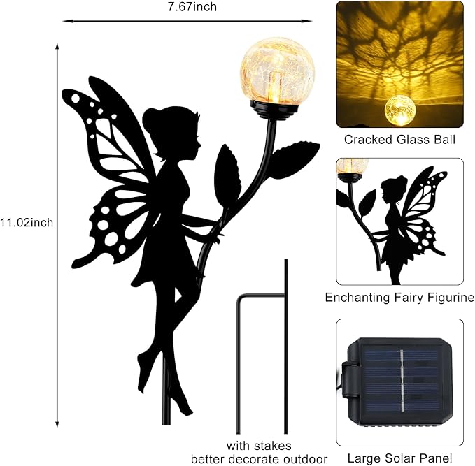 Ouddy Decor 2 Pack Solar Fairy Garden Decor, Metal Statues with Crackle Glass Globe Lights Silhouette Waterproof for Outdoor Lawn Patio Yard Pathway Home Christmas Decorations Gardening Gifts