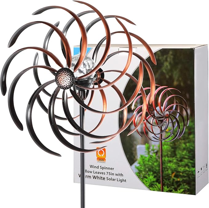 Solar Wind Spinner Improved 360 Degrees Swivel Warm White LED Lighting Glass Ball with Kinetic Wind Spinner Vertical Metal Sculpture Stake Construction for Outdoor Yard Lawn & Garden.