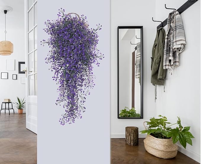 RECUTMS 4pcs Artificial Hanging Plants Indoor Fake Hanging Plants Wall Purple Faux Ferns for Home Garden Wedding Party Indoor Outdoor Decorations