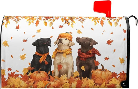 Fall Dog Mailbox Cover Magnetic Large Size Autumn Themed Pumpkins Maple Leaves Puppy Print Mailbox Wrap Letter Post Cover 25.5x21Inch for Garden Yard Outside Outdoor Seasonal Decor