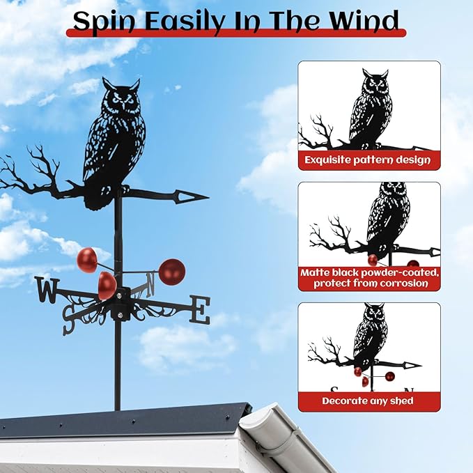 3D Owl Weathervane Metal Wind Vane Weathercock,Roof Mount Weather Vane for Garden Farmhouse Yard Chicken Coop Patio Outdoor Decoration