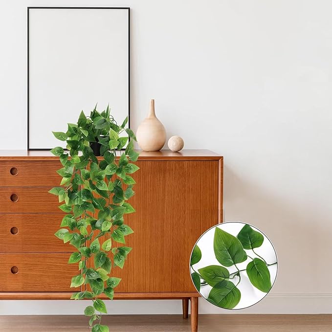 BLEUM CADE Fake Hanging Plants, 8pcs Artificial Hanging Plant, Faux Pothos Vines Hanging Plant Greenery for Wall Home Living Room Indoor Outdoor Decor (No Baskets)