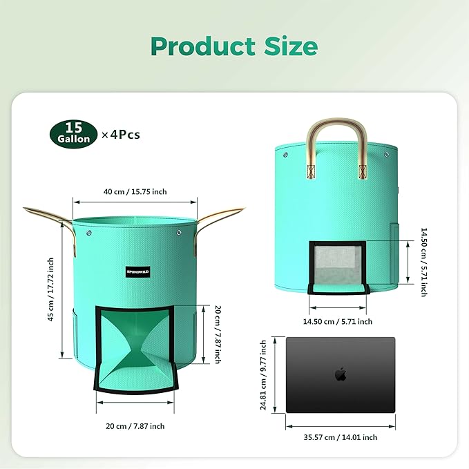 (BFCM Deal) 4 Pack 15 Gallon Potato Grow Bags, PE Garden Planter Bag with Breathable Screen Windows and Reinforced Handles, Ideal for Potatoes, Tomatoes, Carrots and Onions