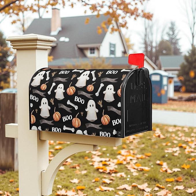 Boo Spooky Mailbox Magnetic Covers Halloween Ghost Mailbox Cover 25.5x21 inch Pumpkin Mail Box Wrap Decorations for Outside Garden Yard Black