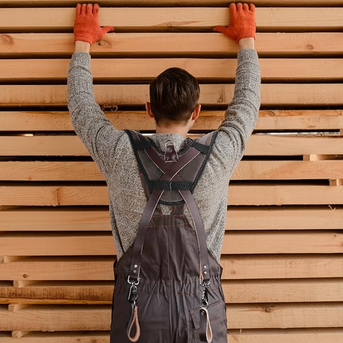 WELKINLAND Top-Grain Tool Belt Suspenders, Heavy-Duty Tool Belt Suspender For Men, Comfy Padded Tool Belts Suspenders, Adjustable Extra-Thick Leather Tools Belt Suspenders For Men