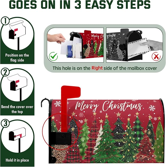 Merry Christmas Large Mailbox Covers Magnetic Oversized Xmas Tree Mail Box Cover Winter Snowflake Mailbox Wraps for Outside Garden Yard 25.5x21 inch Happy New Year Red