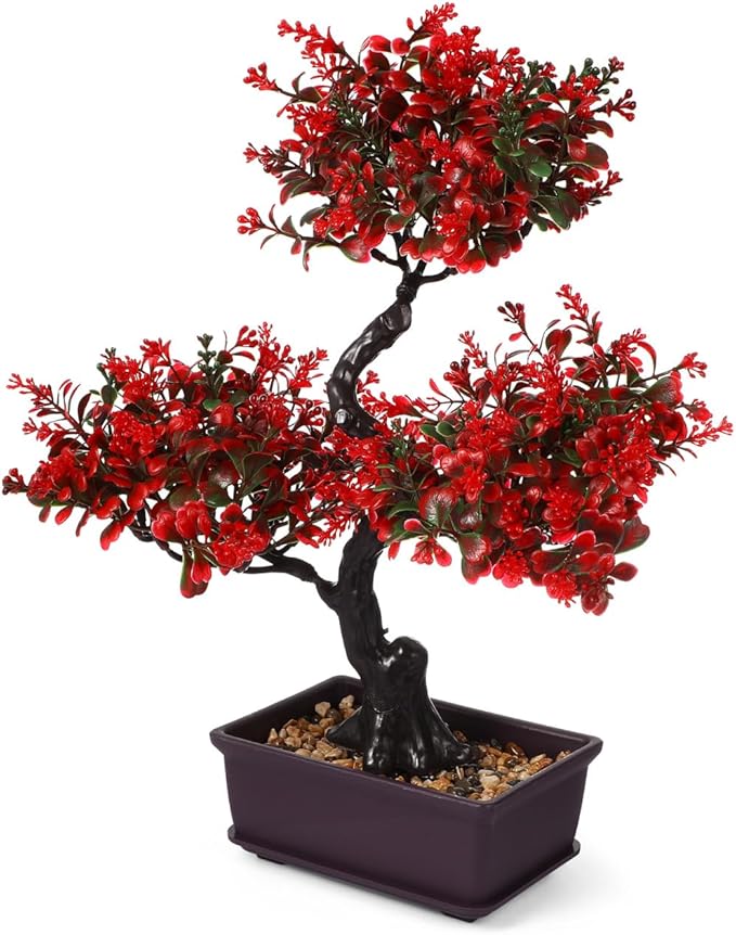 HANABASS Artificial Bonsai Tree Fake Blossom Faux Potted Plant Realistic Red Fake Plant for Indoor Outdoor Garden Home Office Decor Decor Wedding Centerpiece
