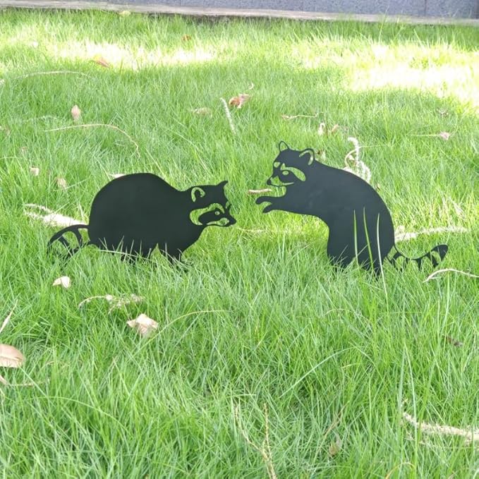 2 Pack Raccoon Metal Garden Stakes for Outdoor Decor – Cute Animal Yard Art for Garden, Lawn, or Pathway – Weather-Resistant Black Silhouette Statues, Unique Gift for Nature & Wildlife Lovers
