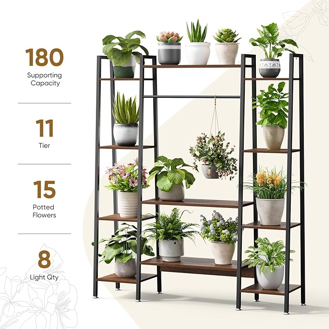 55" Large Plant Stand Indoor with 8 LED Grow Lights (3 Modes & Auto Timer) - 12 Tiered Metal Plant Shelf, 10 Dimmable Brightness Levels, Flower Stand Display Rack