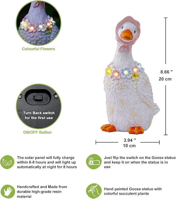 Nacome Solar Goose Outdoor Statues for Garden: Outside Decor with Glowing Flower Clearance for Porch Yard Art Lawn Ornaments Patio Balcony - Birthday Gifts for Women Mom Grandma(White)