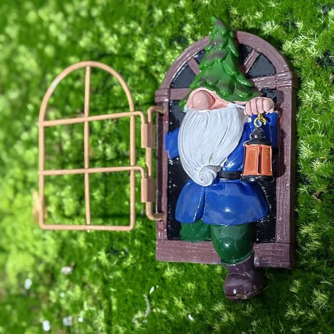 Garden Gnome Open The Door Garden Decor Resin Tree Faces Decor Outdoor Fairy Garden Patio Lawn Porch (Blue)