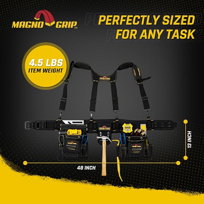MagnoGrip 20-Pocket Builder’s Tool Rig with Magnetic Storage—Heavy-Duty 1680D Polyester Tool Belt with Padded Suspenders, Rivet Reinforced Stress Points, and Smartphone Holder, Fits Up to 52” Waist.