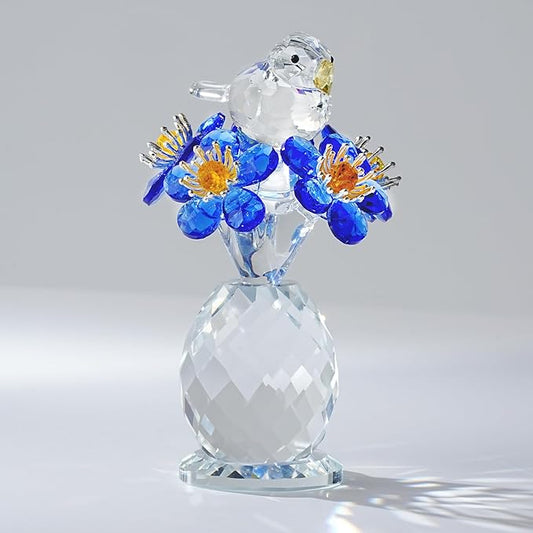 Crystal Bird & Forget-Me-Not Flower Figurine,3x4 inch Glass Flower Collectible Ornaments for Home Decor Table Centerpiece Glass Bouquet Flowers Keepsake Gifts for Women （Blue）