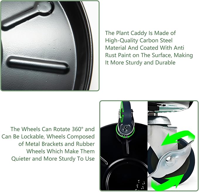 3 Pack Metal Plant Caddy with Wheels 12 Inch Black, Round Rolling Heavy Duty Plant Dolly, Heavy Plant Pot Mover Outdoors or Indoors, The Metal Wheel Can Rotate 360 Degrees or Lockable.