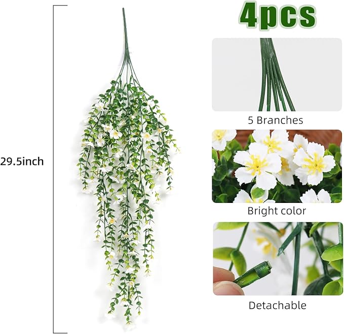 RECUTMS Artificial Flowers for Outdoors Fake Hanging Plants 4 Pcs UV Resistant Silk Daisy Flower Realistic Faux Trailing Vine for Wall Yard Porch Balcony Indoor Outdoor Planters (White)