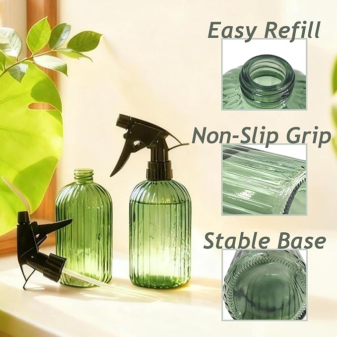 Refillable Glass Spray Bottle for Plants,Green Watering Can,13.5oz Water Spray Bottle with Adjustable Nozzle,Plant Mister Spray Bottles for Indoor Plants, Cleaning, Hair Care, Pets Care(2pcs)(Green)